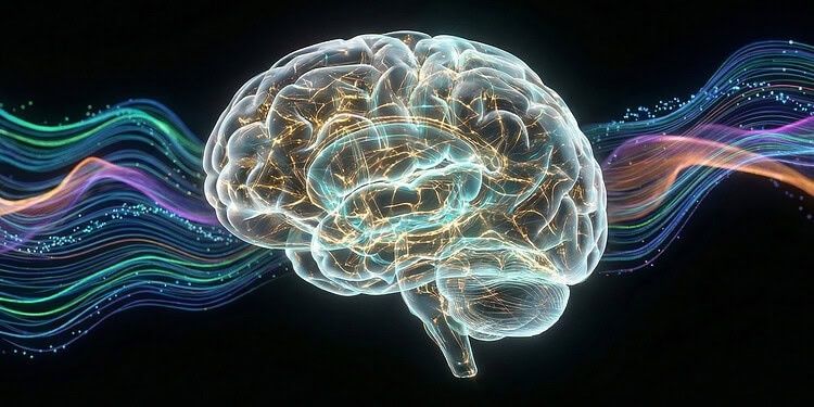 Cerveau lumineux traversé par des ondes colorées liées au son